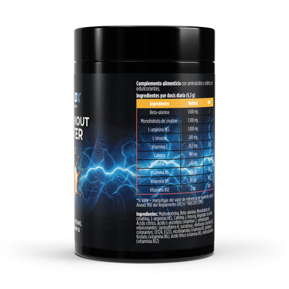 Bote de pre-workout booster sabor naranja de 520 gramos.