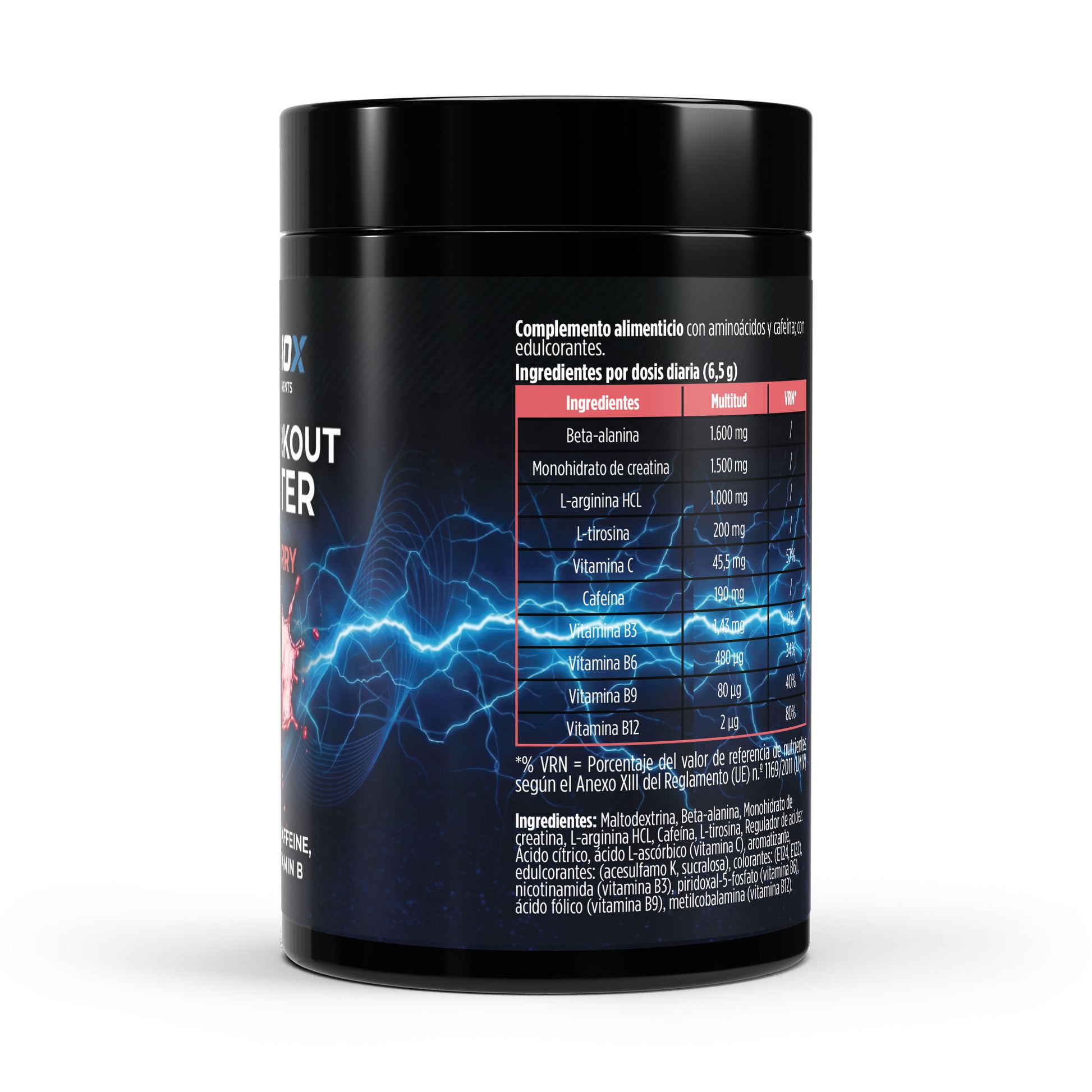 Bote de pre-workout con sabor a framuesa.