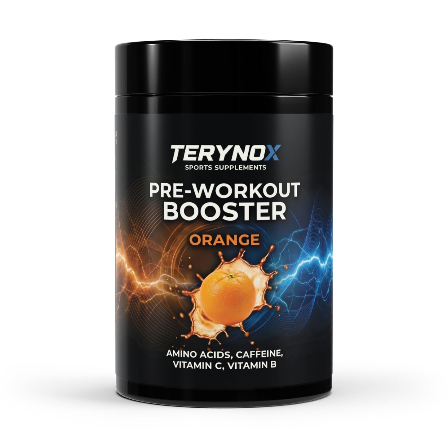 Envase de pre-workout booster con sabor a naranja de la marca Terynox.