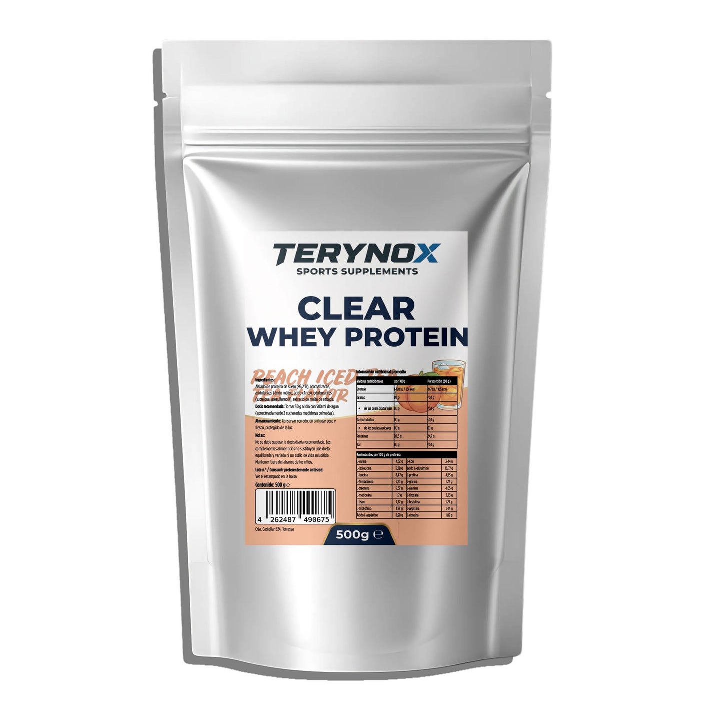 Proteina clear de 500 gramos con sabor a té helado de melocotón, marca Terynox.