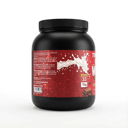 Proteína whey premium  en polvo con sabor a chocolate.