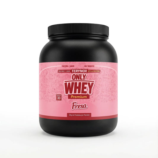Bote de proteína whey de 1 kg con sabor a fresa.