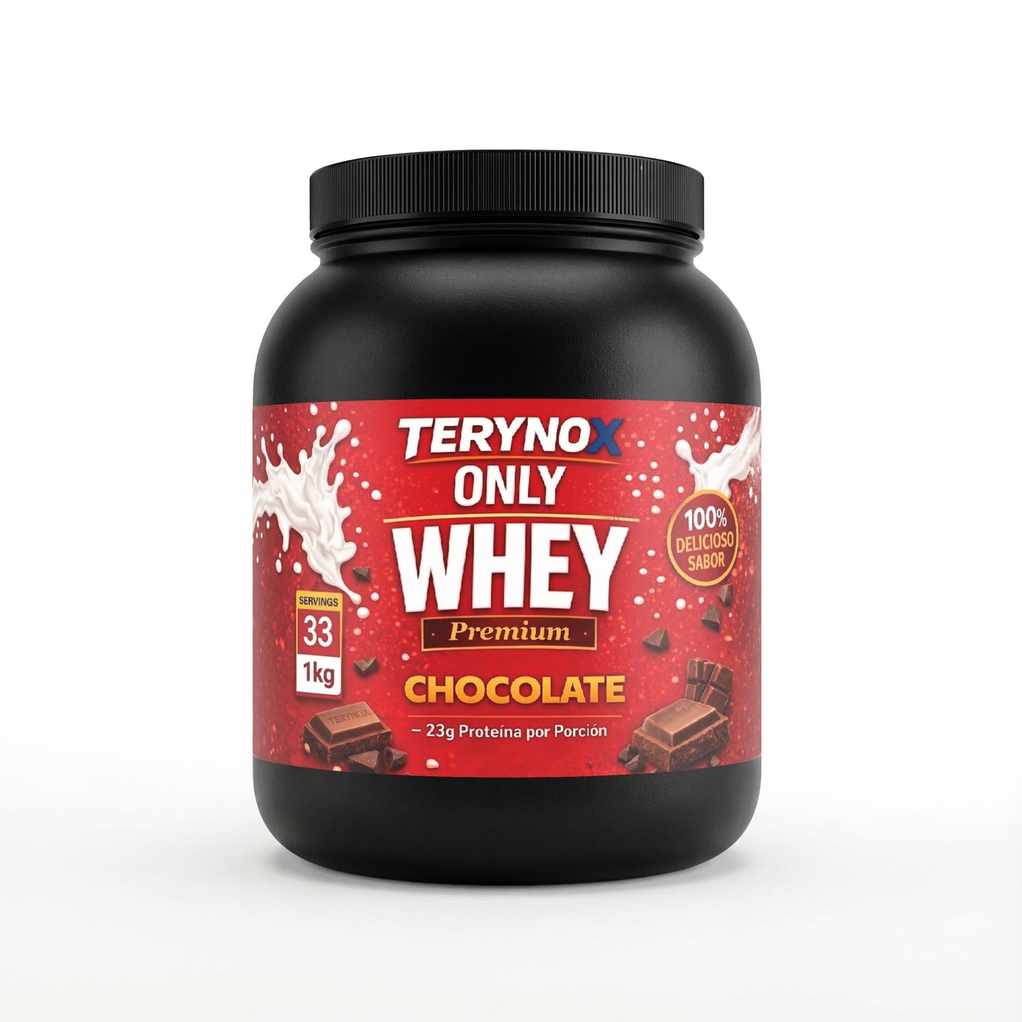 Envase de 1 kg de proteina whey premium sabor chocolate.