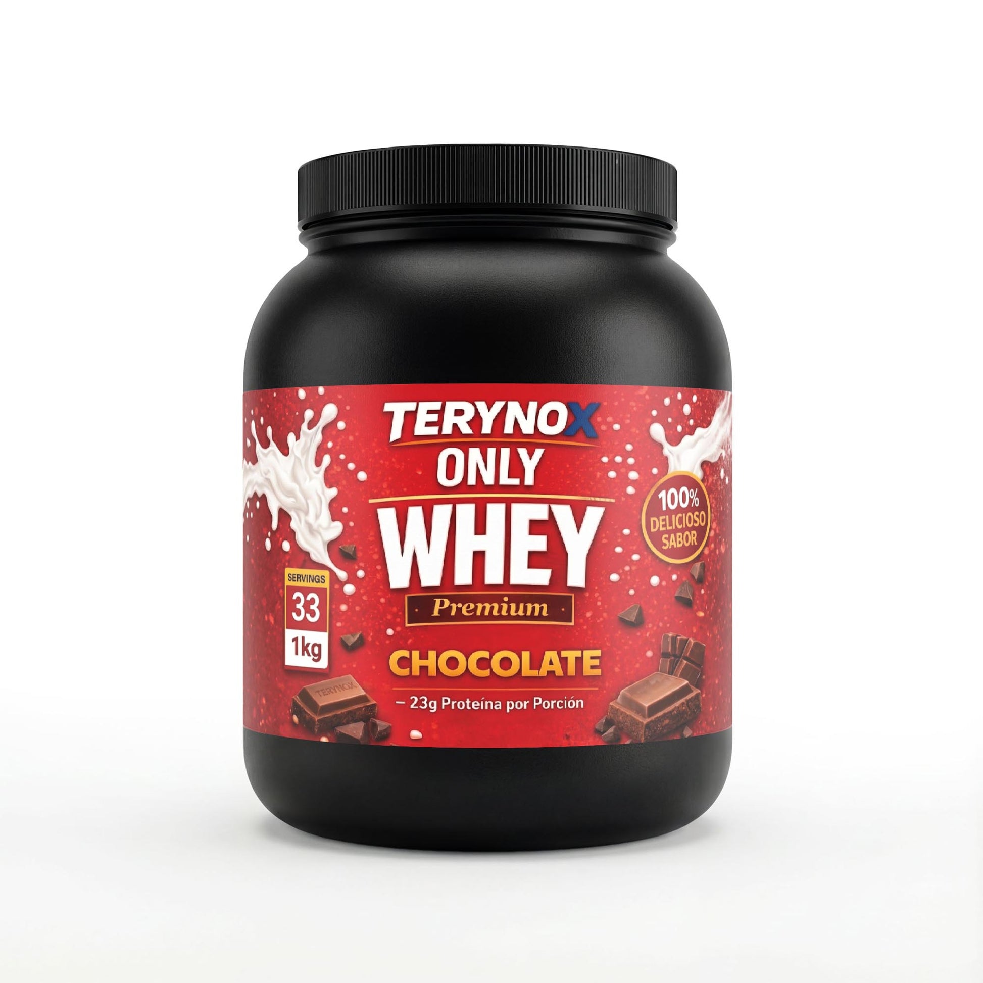 Envase de 1 kg de proteina whey premium sabor chocolate.