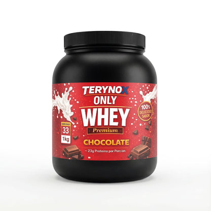 Envase de 1 kg de proteina whey premium sabor chocolate.