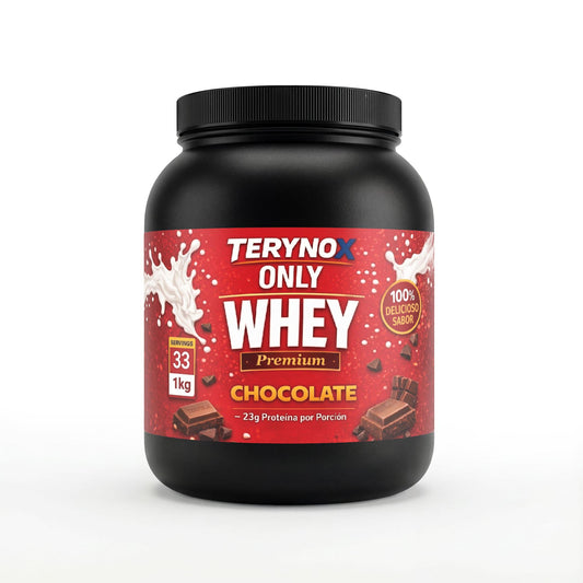 Envase de 1 kg de proteina whey premium sabor chocolate.