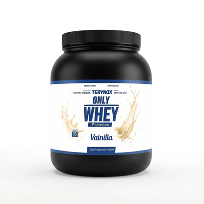 Proteina whey premium en polvo con sabor a vainilla.
